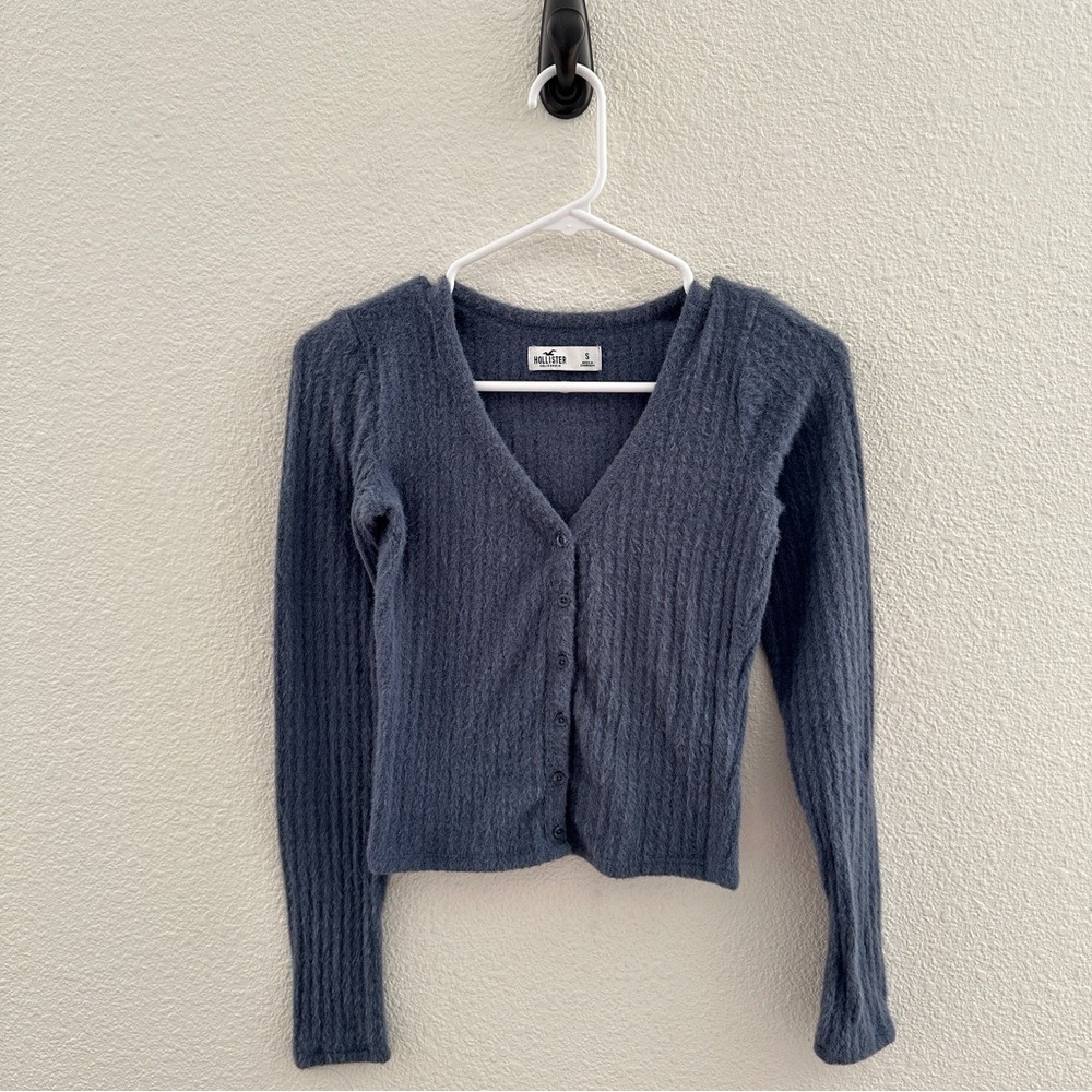 Hollister Cardigan Sweater Womens Small Blue Fuzzy Ribbed V-Neck Button Front